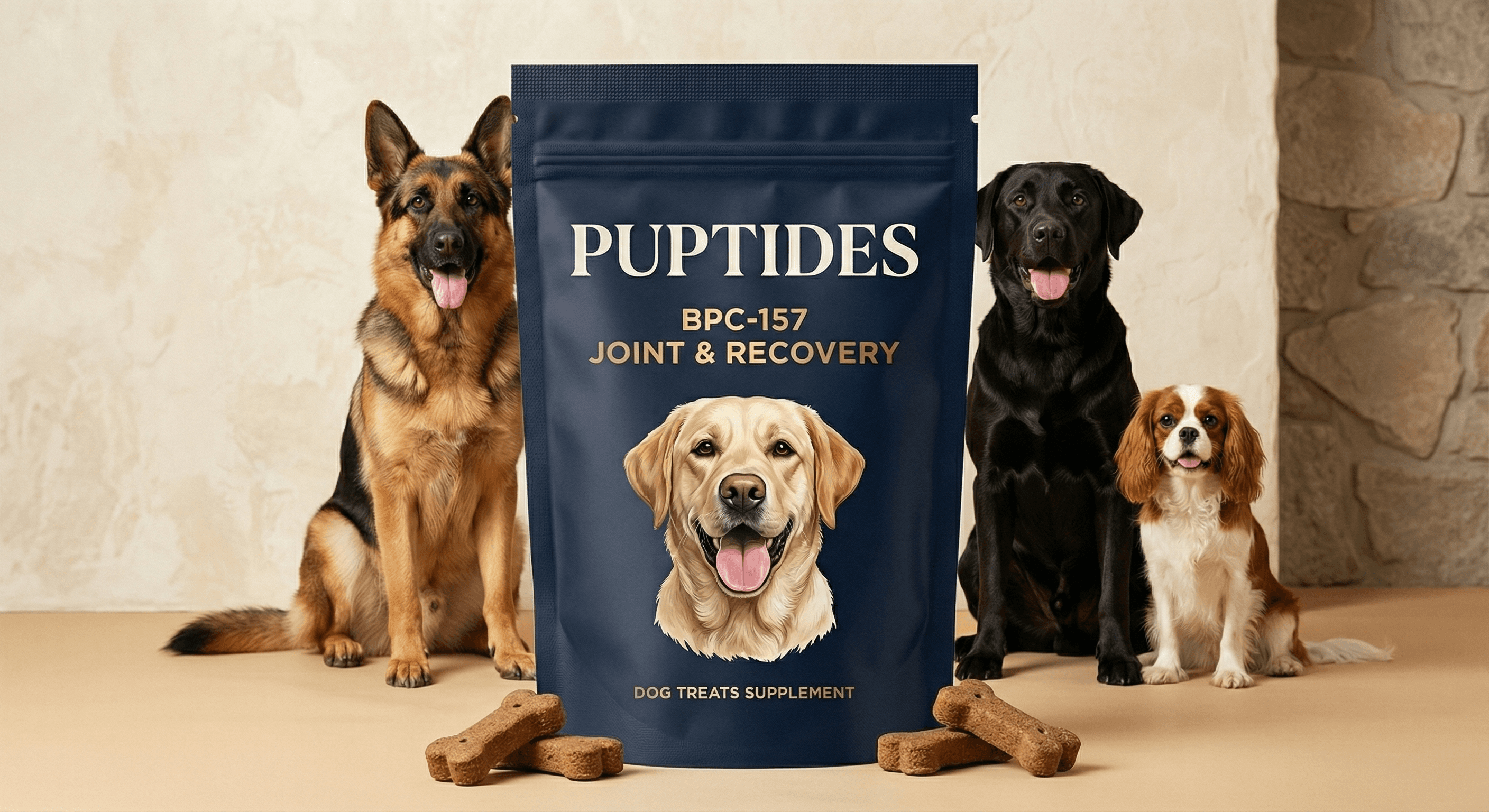 Puptides BPC-157 pouch with German Shepherd, Labrador, and Cavalier King Charles