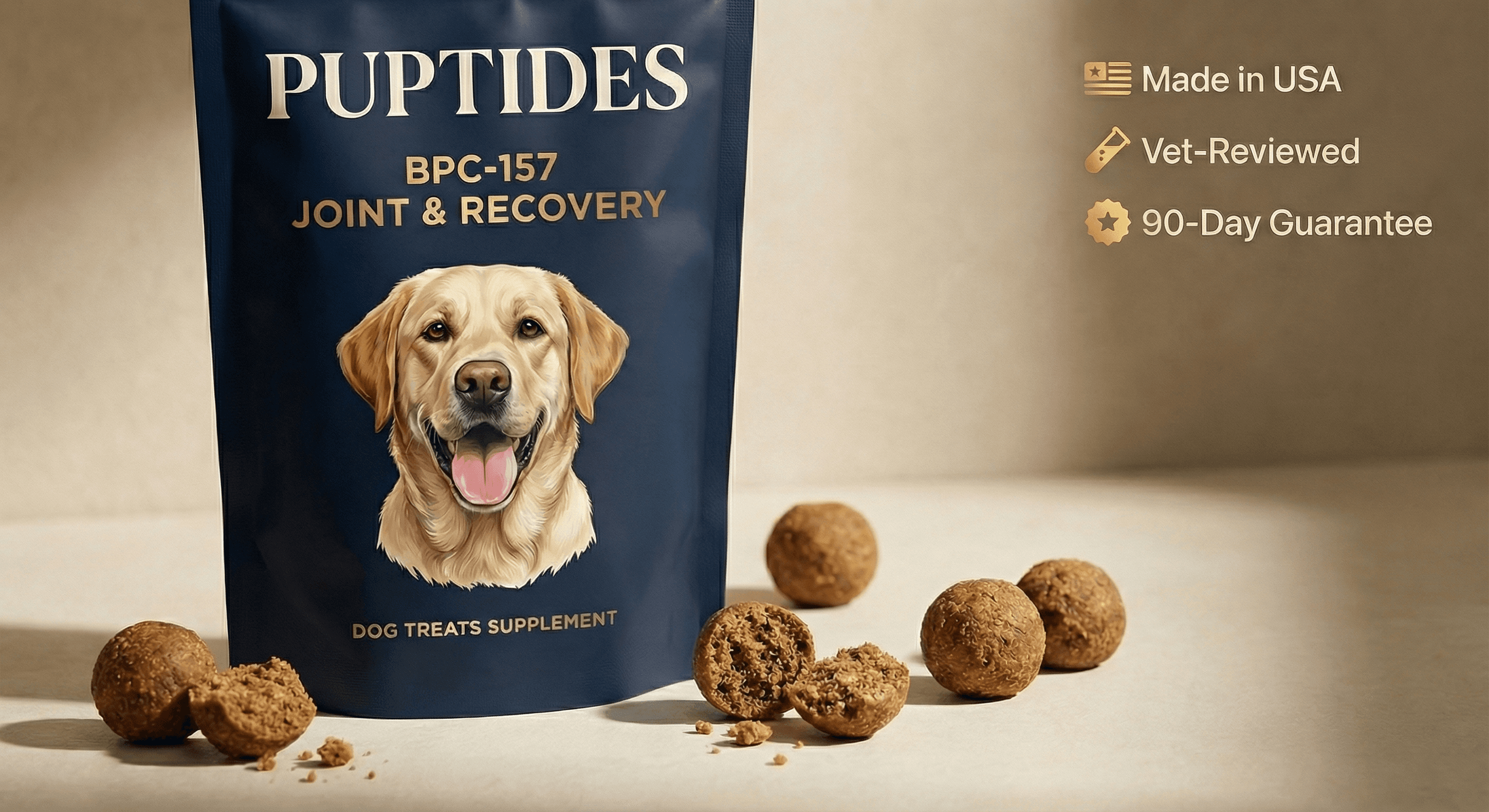 Puptides BPC-157 Joint & Recovery pouch with treats and trust badges